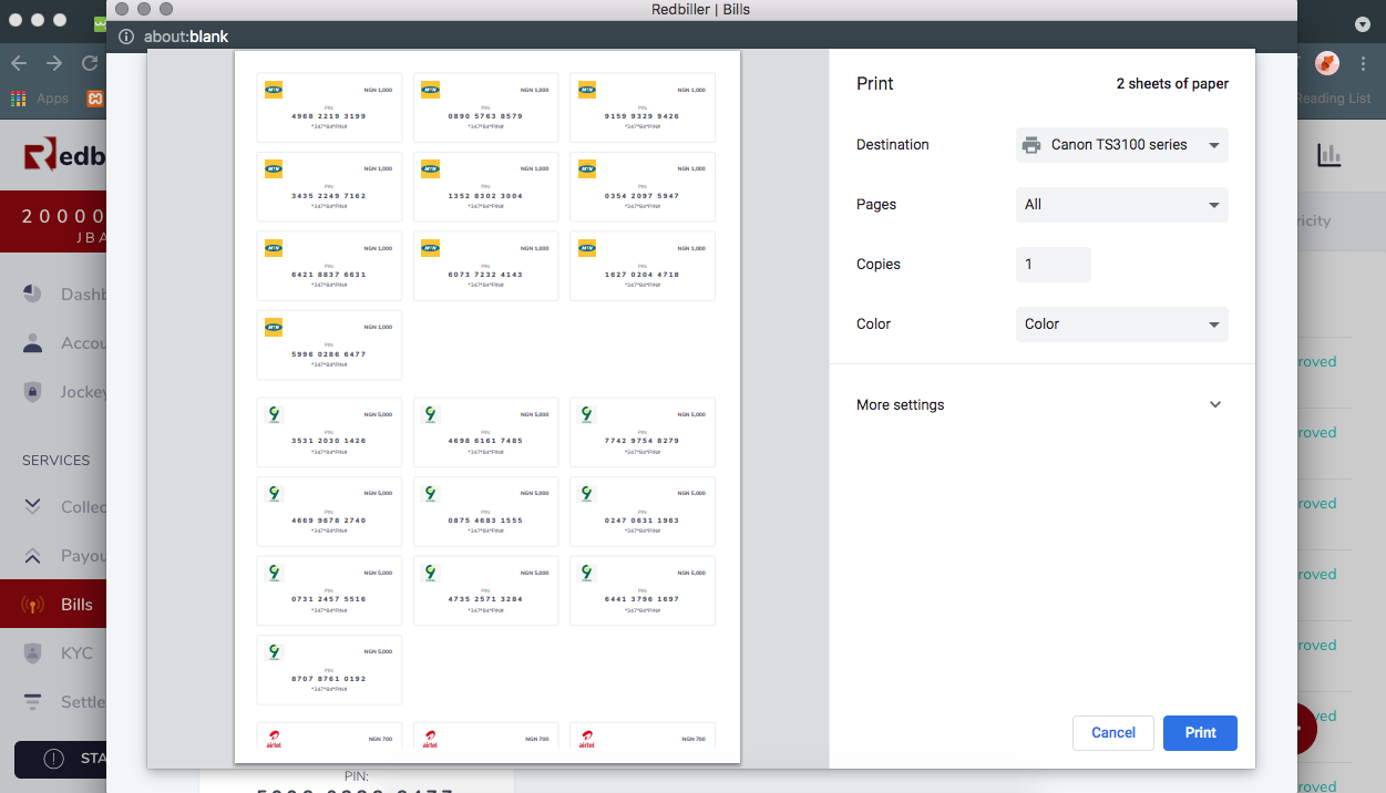 Airtime PIN generation print